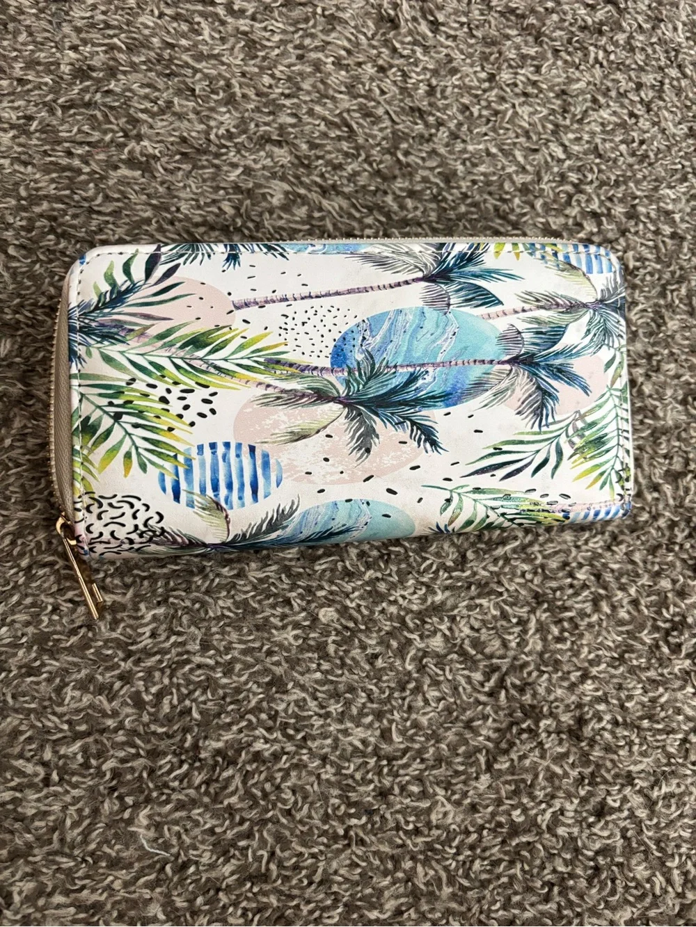 Tropical Palm Print Zip-Around Wallet - Blue & Green